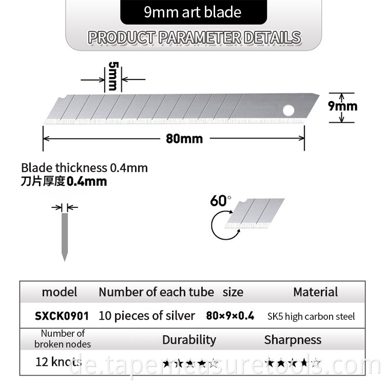 Custom 30 Angle 9mm schwarze Utility-Messerklinge